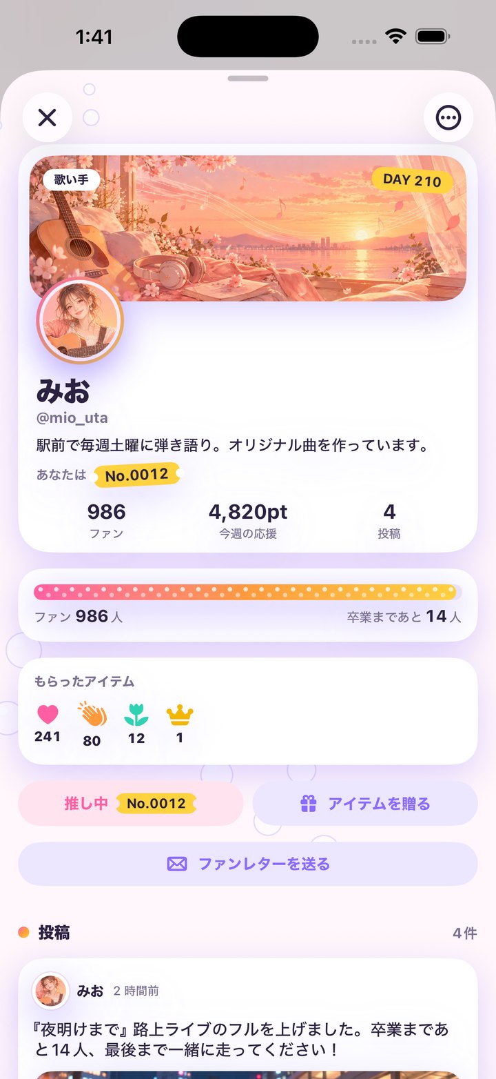新人のプロフィール。卒業まであと14人と表示されている